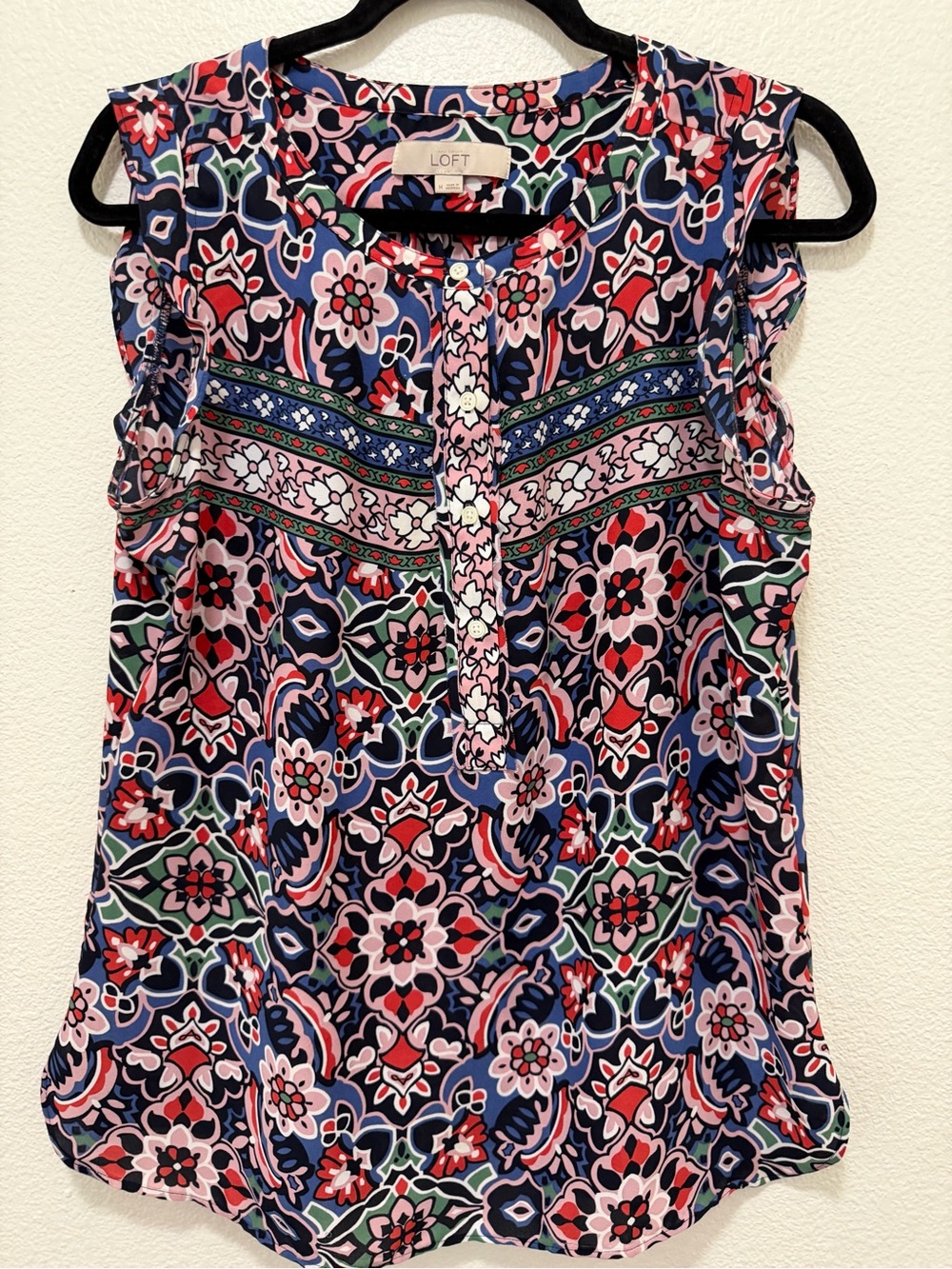Loft blue multi floral blouse, ruffle sleeveless, medium